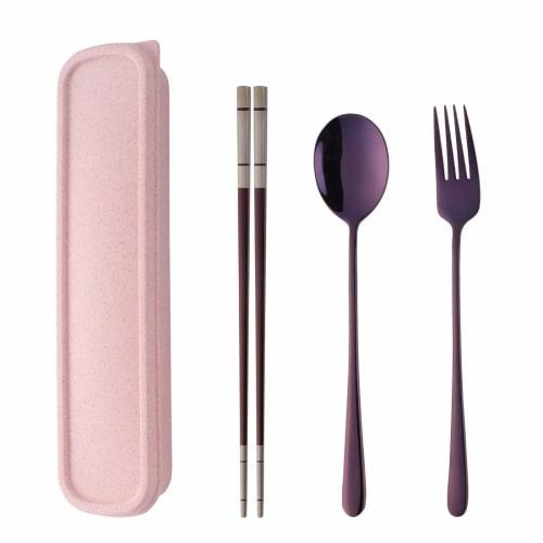 Do Buy Trio Set: Chopsticks, Spoon, and Fork, 3-Piece Set, Made of 18-8 Stainless Steel with a Stylish Wheat Container, 23cm Laser Chopsticks, Titaniu
