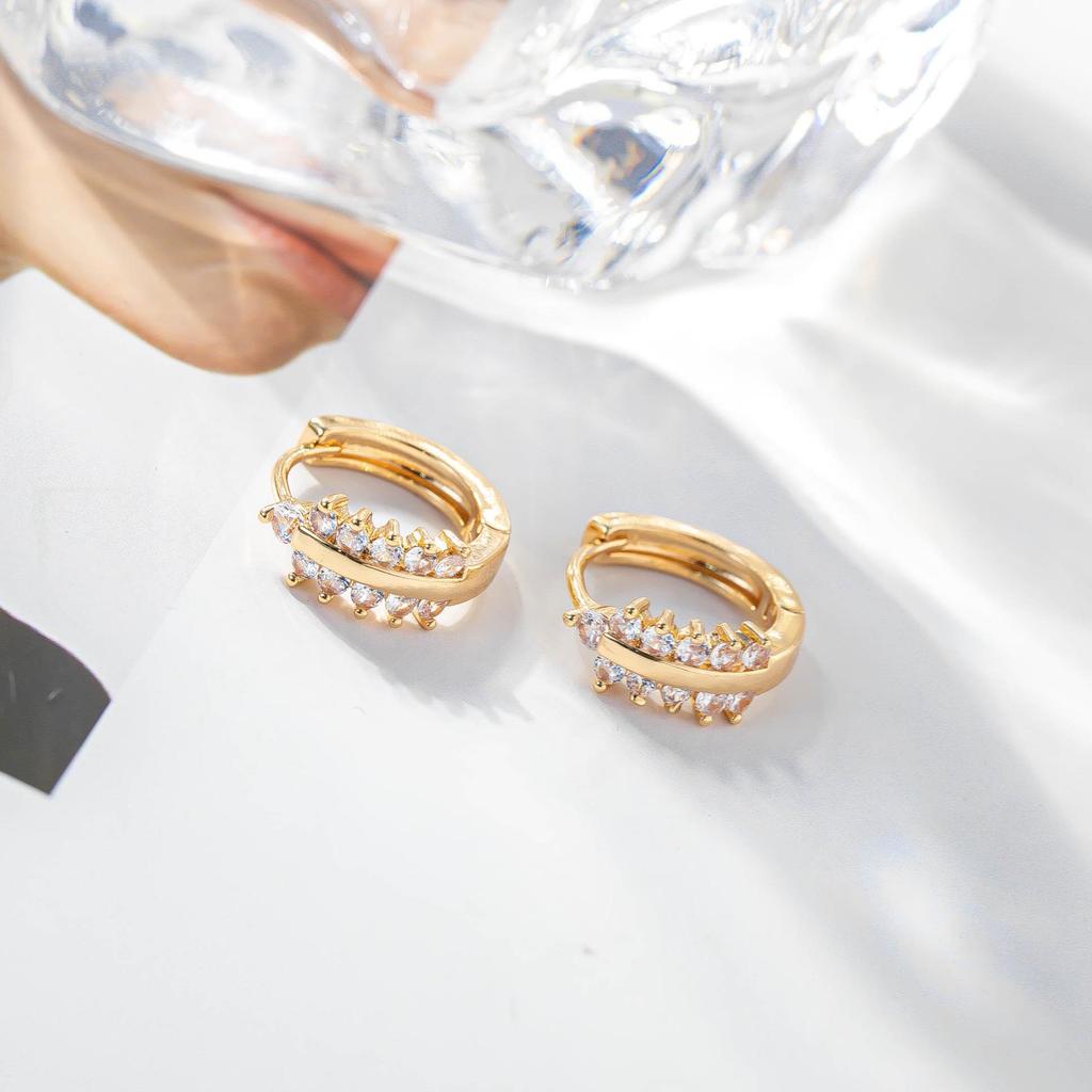Elegant Korean Double Row Zirconia Stud Earrings for Women - Silver Needle Design