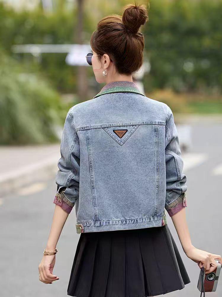 Women's Retro Patchwork Denim Jacket - Color Block Petite, Versatile & Casual for Spring/Autumn 2025