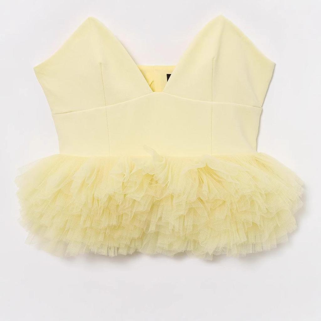 2025 Sommer Europäisches & Amerikanisches Seidennetz Spaghetti-Träger Tanktop – Damen Puffsaum Kurzes Top