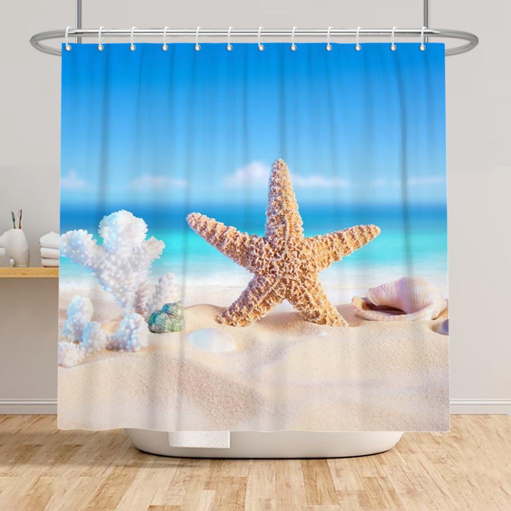 Beach Vacation Shower Curtain Tropical Palm Trees Ocean Waves Starfish Sandy Shore Pattern Waterproof Polyester Bathroom Decor