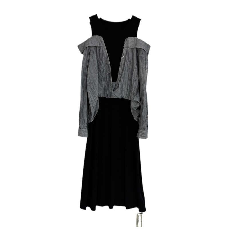 Autumn Style Female Fashion Cut Off Shoulder Dress French Two-piece Temperament Shirt Mid Skirt
