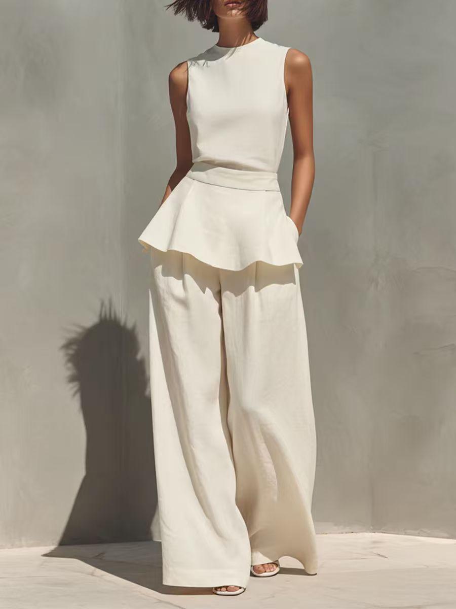 Women Sleeveless Top And Wide Leg Pants Set Elegant Casual Solid Color Loose Fit Two Piece Outfit White S