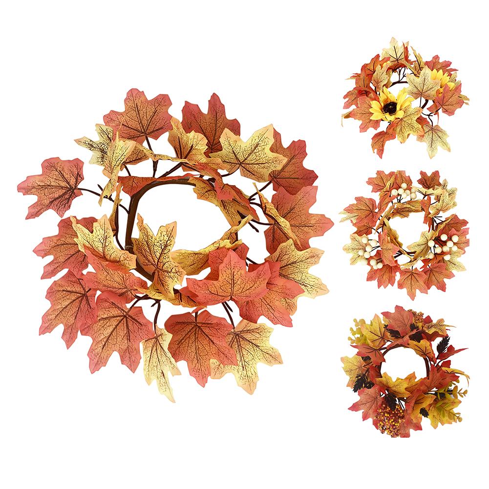 Artificial Maple Leaves Wreath With Berries Sunflowers Candle Rings For Farmhouse Fall Thanksgiving Wedding Centerpiece Table Door Decor