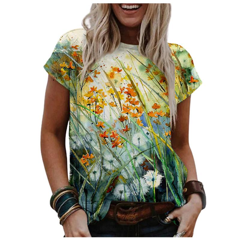 Damen Aquarellmalerei Blumendruck Rundhals Kurzarm T-Shirt