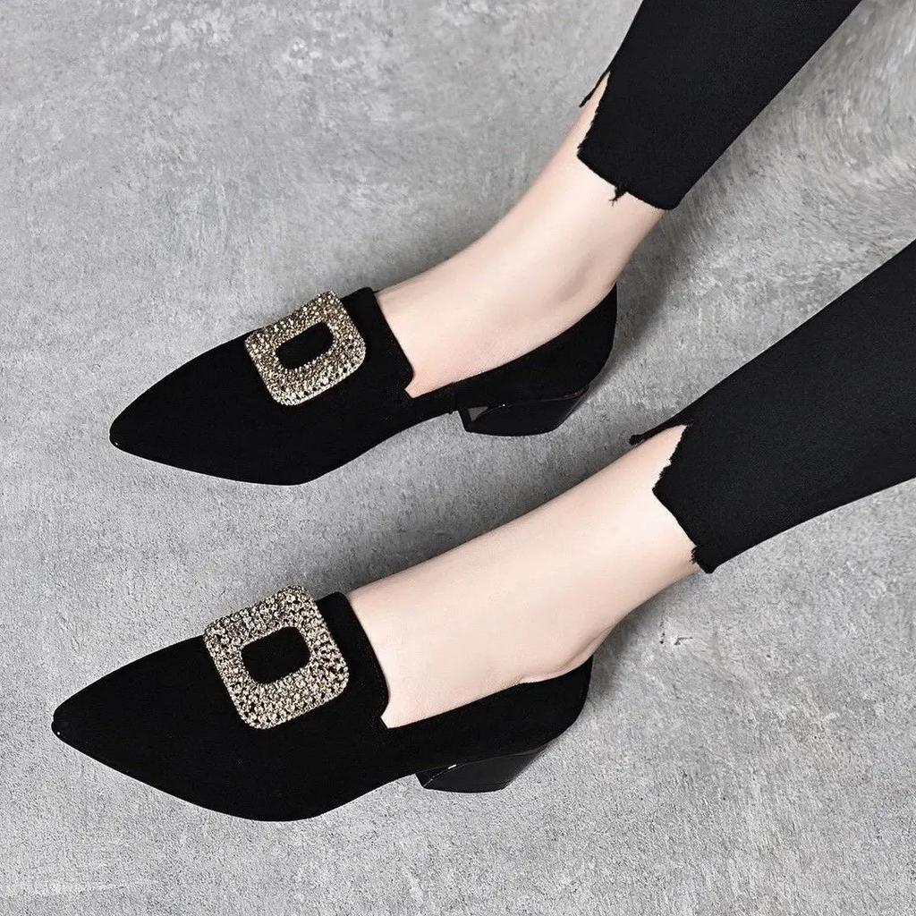 Fashion Diamond Shoes for Women Block Heel Pointed Toe Moccasins Woman Pumps Korean Style Casual Footwear Summer 2025 Vacation Popular