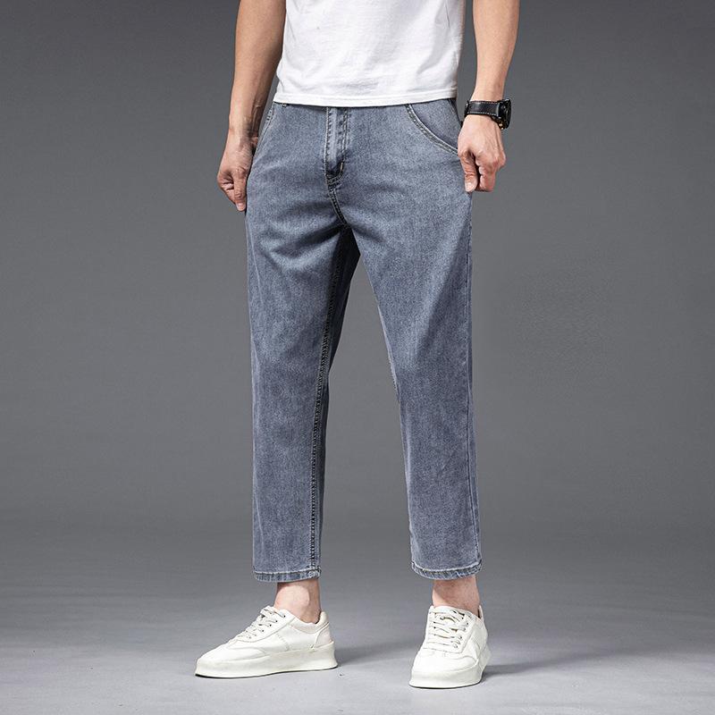 Summer eight-point jeans men's thin Tencel cotton loose straight high-end soft and comfortable casual nine-point pants