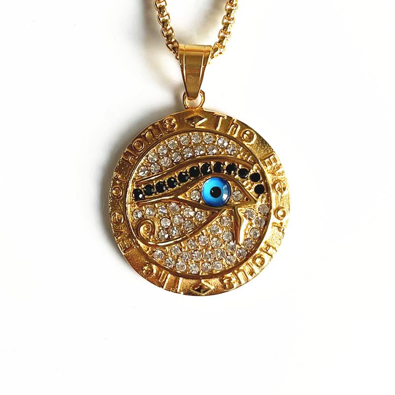 Hip Hop Altes Ägypten Runde Schmuckstücke Collares Goldfarbe Edelstahlkette Ägyptisches Auge des Horus Halsketten & Anhänger