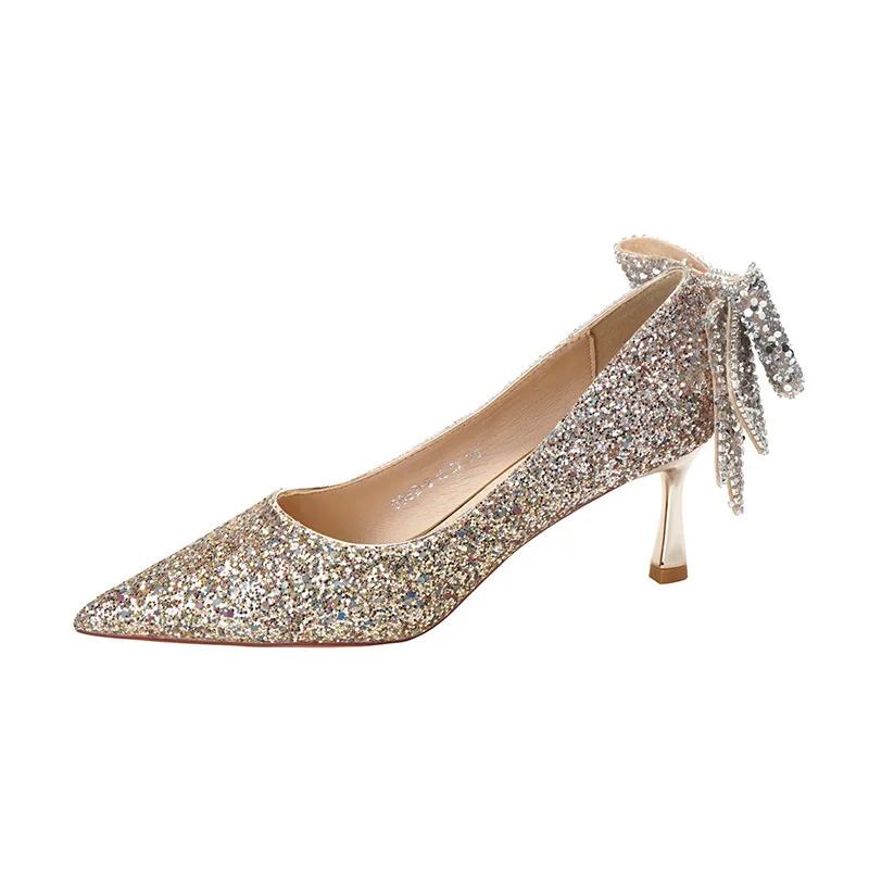 Autumn New Women's Luxury Pointed Rhinestone Bow Crystal Sequins Colored High Heel Single Shoes Banquet Wedding Shoes