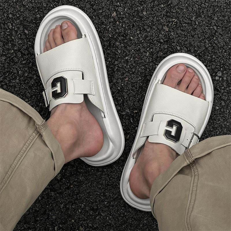 Fashion High Quality Luxury Men's Half Drag Summer Leather Slippers Cool Breathable Anti-Slip Flats Outdoor Trendy Beach Walking Shoes
