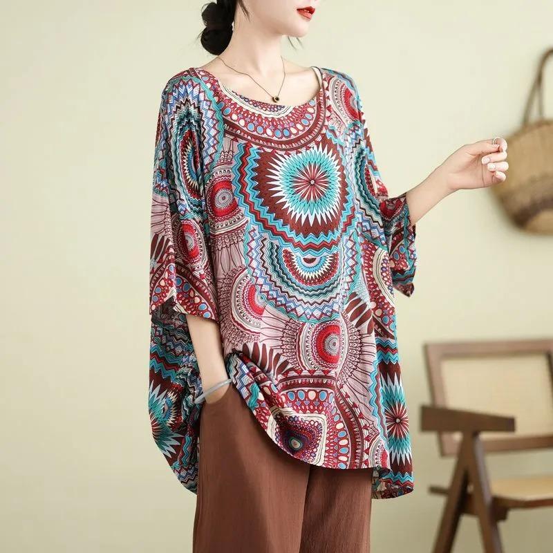 Summer Loose Women's Printed Round Neck Top Short Sleeve Ethnic Style