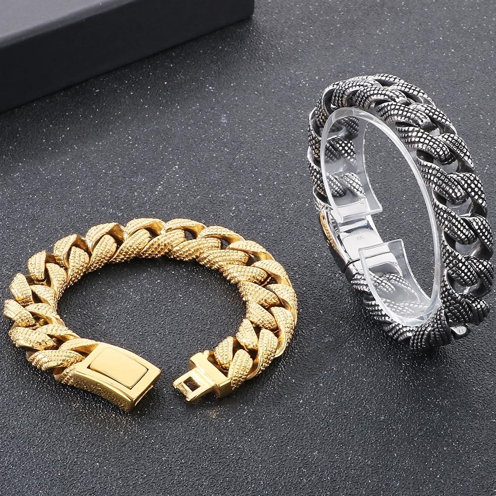Gótikus Férfi Karkötők Vintage 15MM Szélességű Tömör Rozsdamentes Acél Kockalánc Kubai Lánc Karkötő Férfi Férfi Ékszerek Ajándékok 2 Szín
