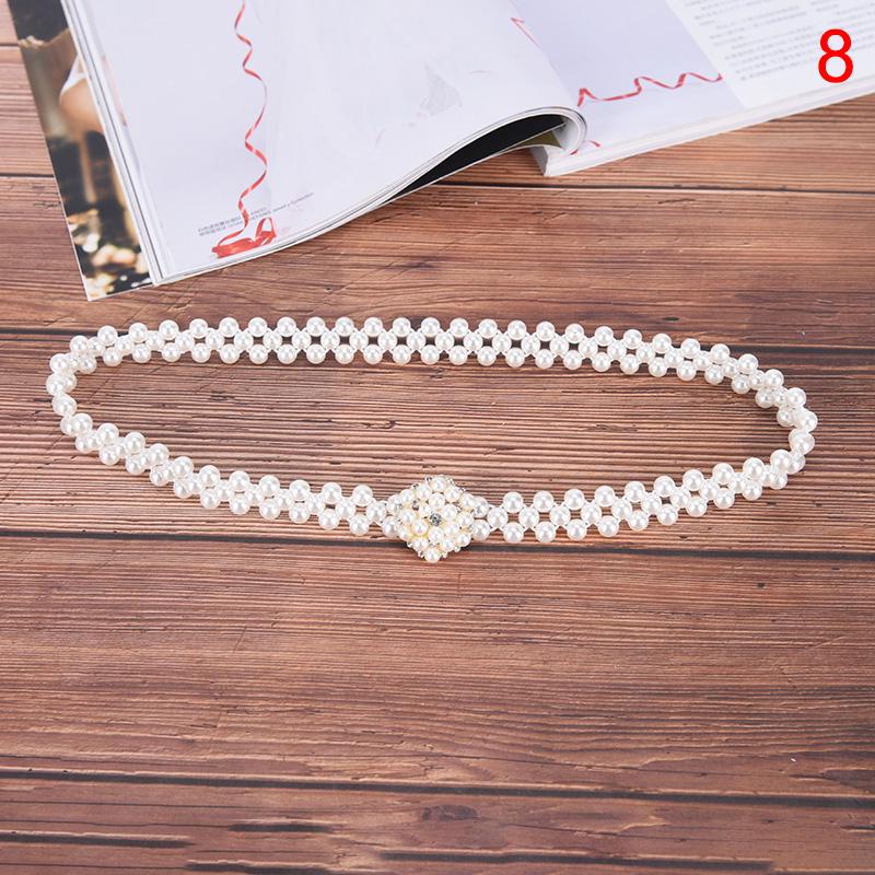 Women Ladies Pearls Beads Chain Belt Stretchy Flower Buckle Waistband