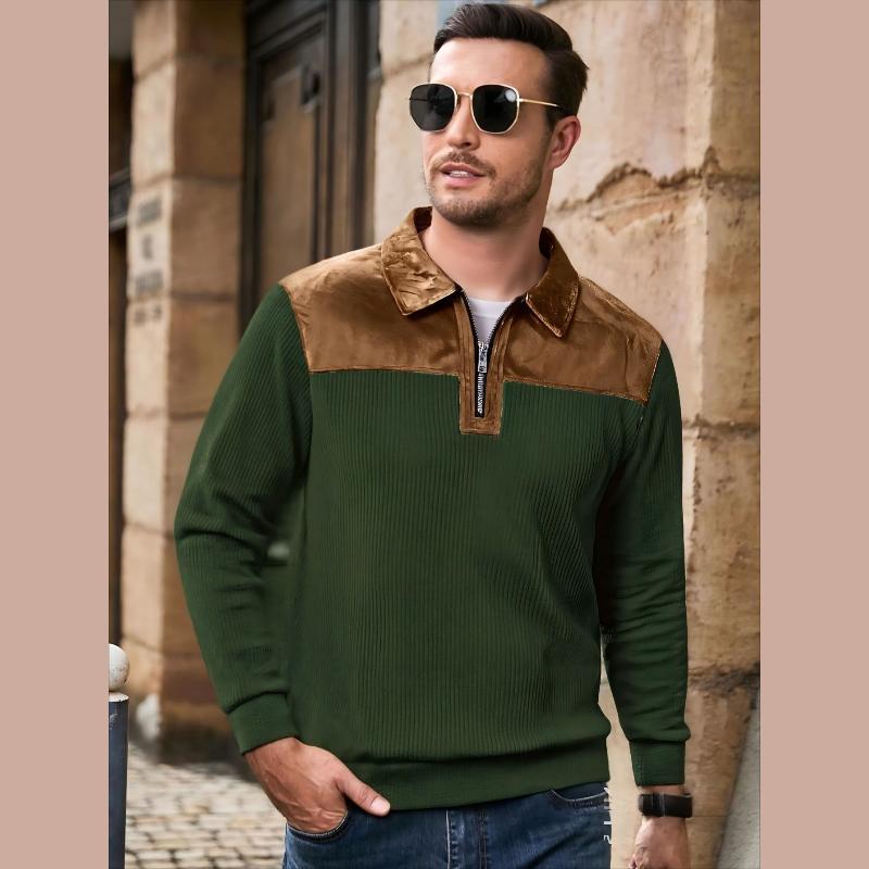 New Spring Autumn Casual Suede Polo Sweatshirt Men Stylish Knit Patchwork Textured Polo Shirts Mens Vintage Half-zip Lapel Jumper Tops