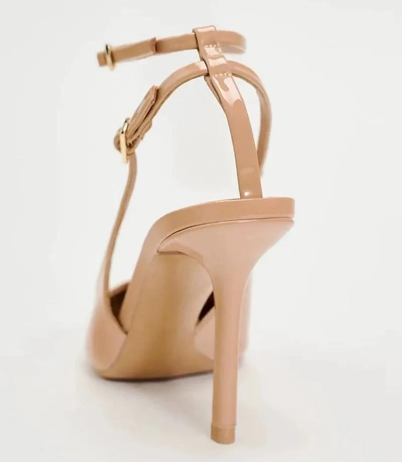 Fashion Nude Patent Leather Ankle Strap Buckle Women Pumps Sexy Pointed Toe Stiletto Heels Summer Stiletto Heels Party Shoes Sandalias