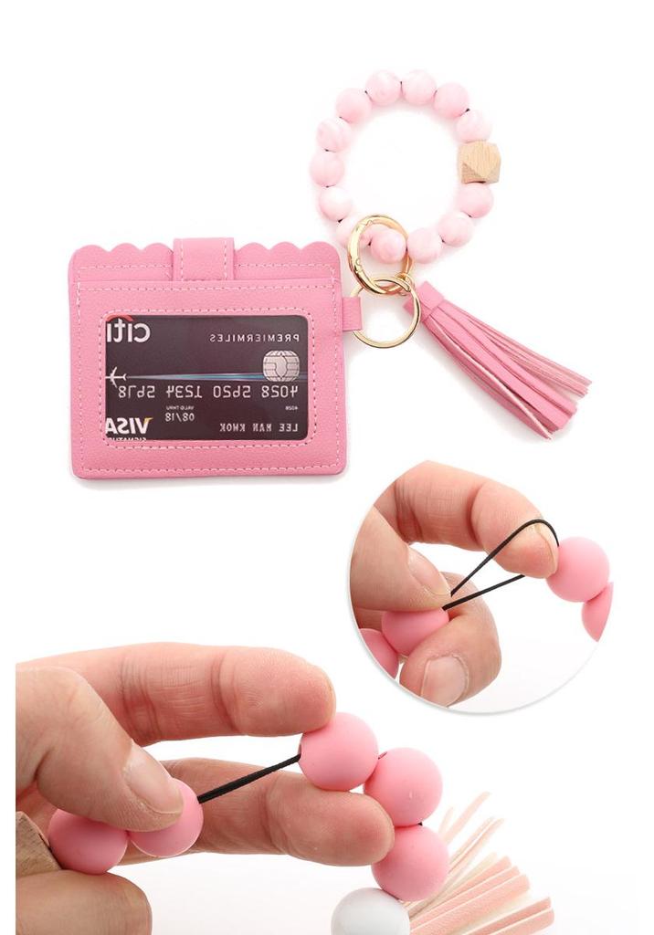Leopard Print Silicone Bead Bracelet Wallet with PU Leather Tassel Keychain