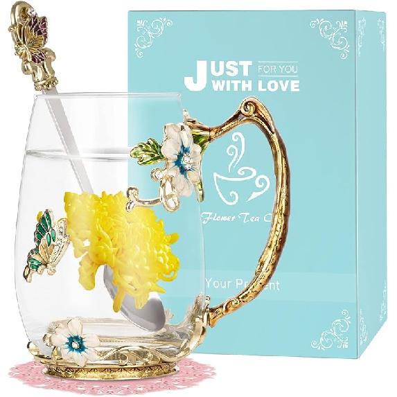 Wisolt Birthday Gifts for Women Mothers Day Gifts for Her Mom Grandma Teacher Friend Anniversary Christmas Valentines Day Glass Coffee Mug with Spoon