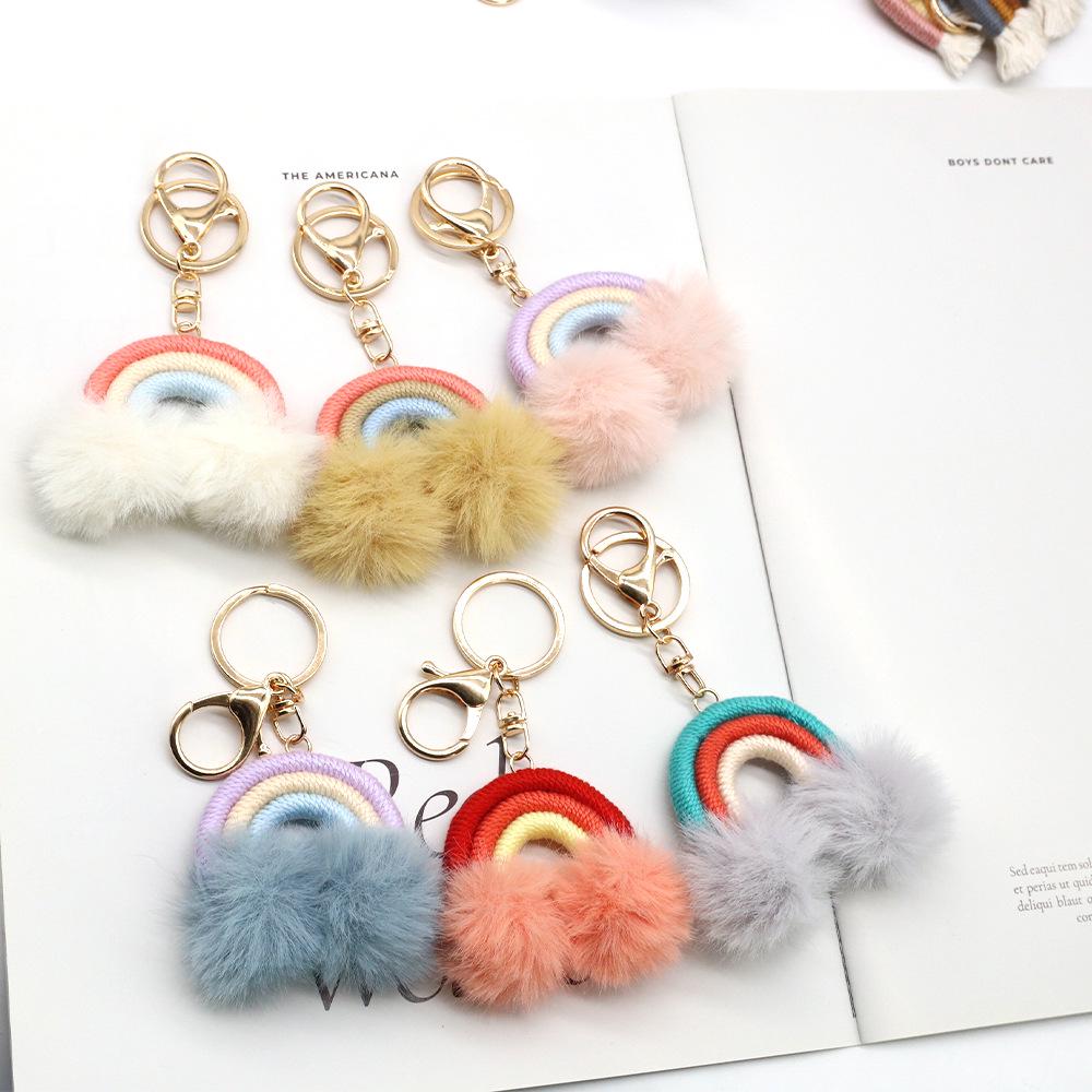 Korean Style Rainbow Fluffy Ball Keychain - Handmade Woven Bag Pendant