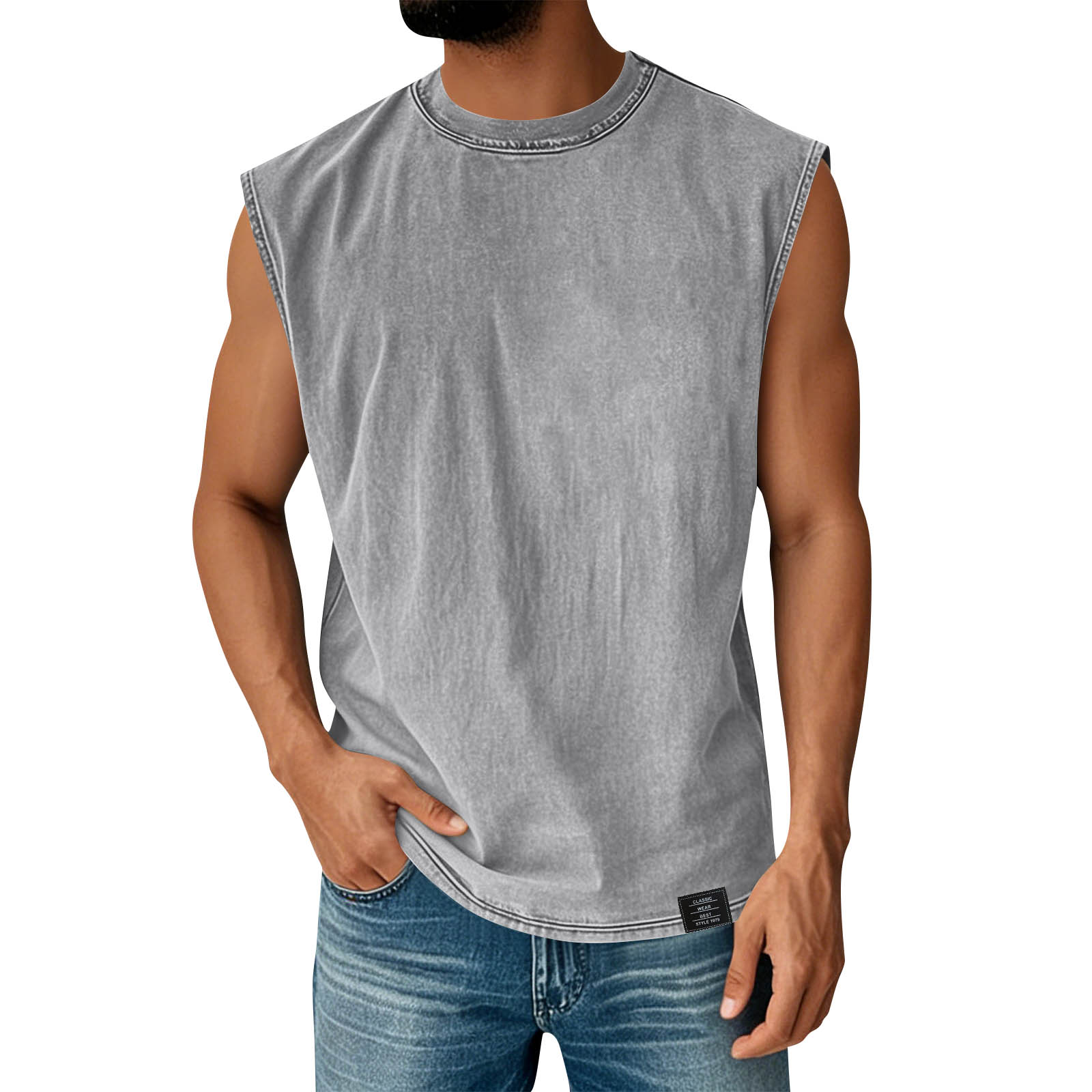 

Men s Vintage Washed Crew Neck Sleeveless Shirt Casual Comfortable Fit Soft Fabric Classic Style XL світло-сірий колір