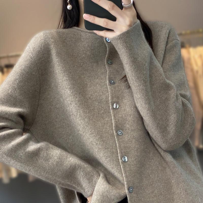 Rolled Edge Cashmere Wool Loose Round Neck Cardigan Sweater: Stylish Slim-Fit Knit for Women in Solid Colors for Spring