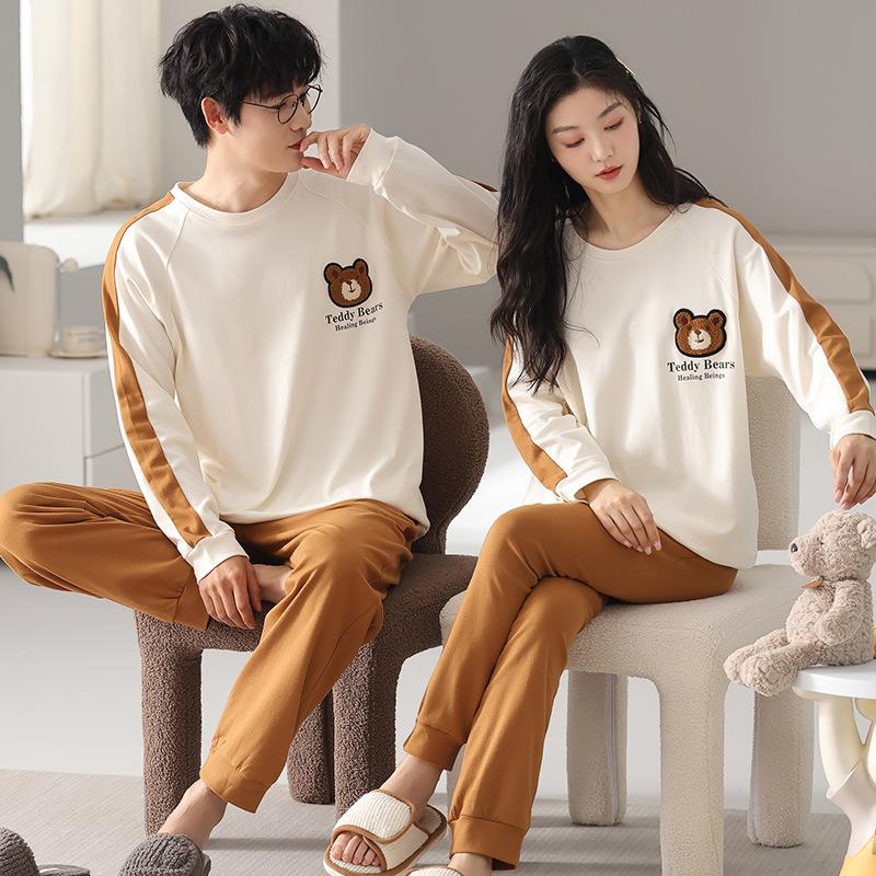 Pijamale de cuplu pentru femei, din bumbac pur, cu mânecă lungă și pantaloni, set drăguț de lounge pentru bărbați