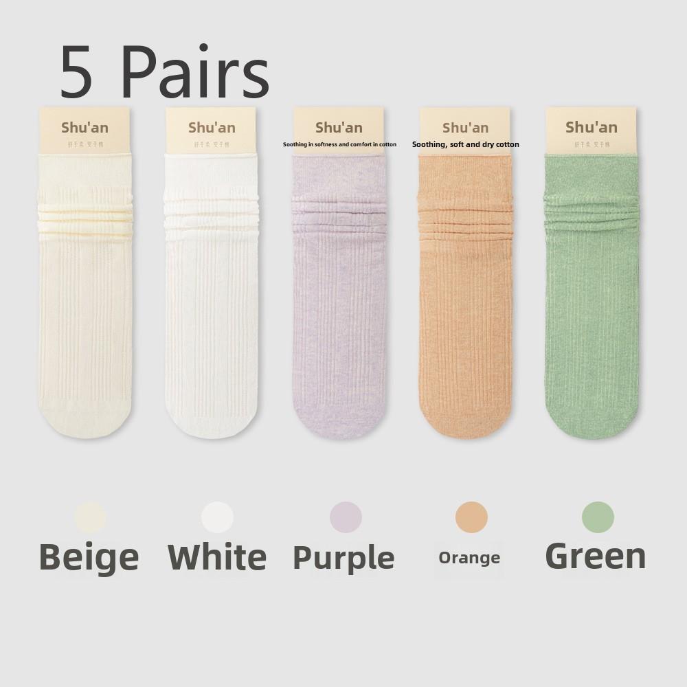 5 Pairs of Women's Spring and Summer Thin Mid-calf Solid Colour Anti-odour and Sweat-absorbent Long Socks Stacked Socks