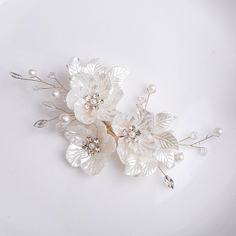 1Pcs Bridal Headdress White Handmade Crystal Pearl Flower Headwear for Wedding Engagement Gift A2