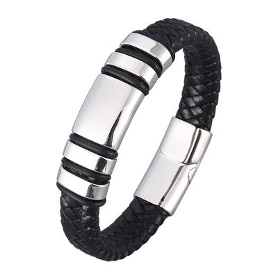 Trendy Men Bracelet Stainless Steel Charm Jewelry Black Leather Genuine Braided Bangles Jewelry Wrist Band Gift