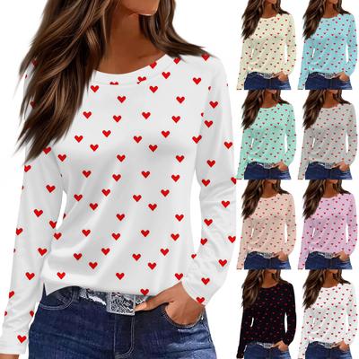 Women's Fashion Casual Slit Hem Round Neck Long Sleeve Loose Printed T-Shirt Ladies Top