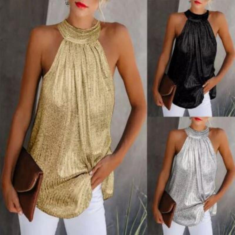 Top casual senza maniche con finitura argento lucido e zip sul collo a goccia