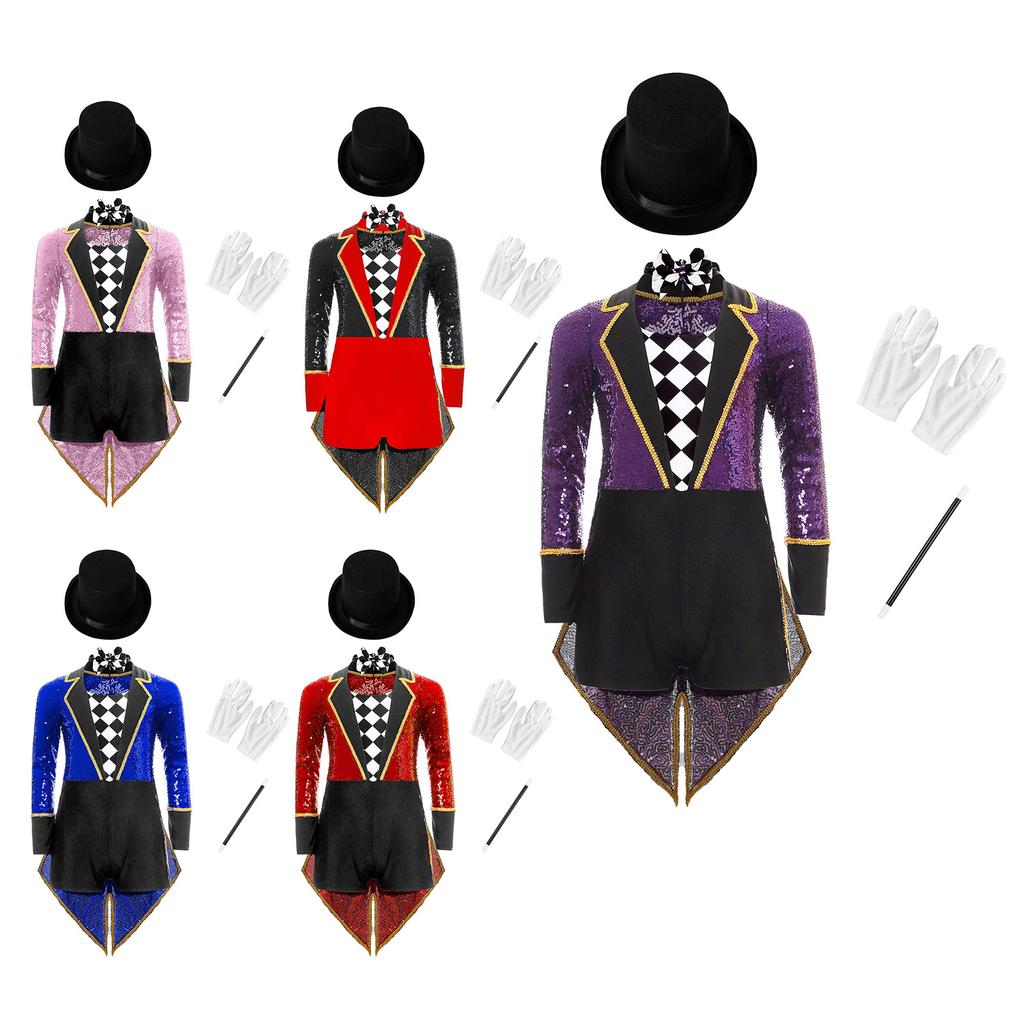 Complete Kids Magician Halloween Costume Set: Sequin Checkerboard Tailcoat Bodysuit with Hat, Bow Tie, Gloves & Magic Wand