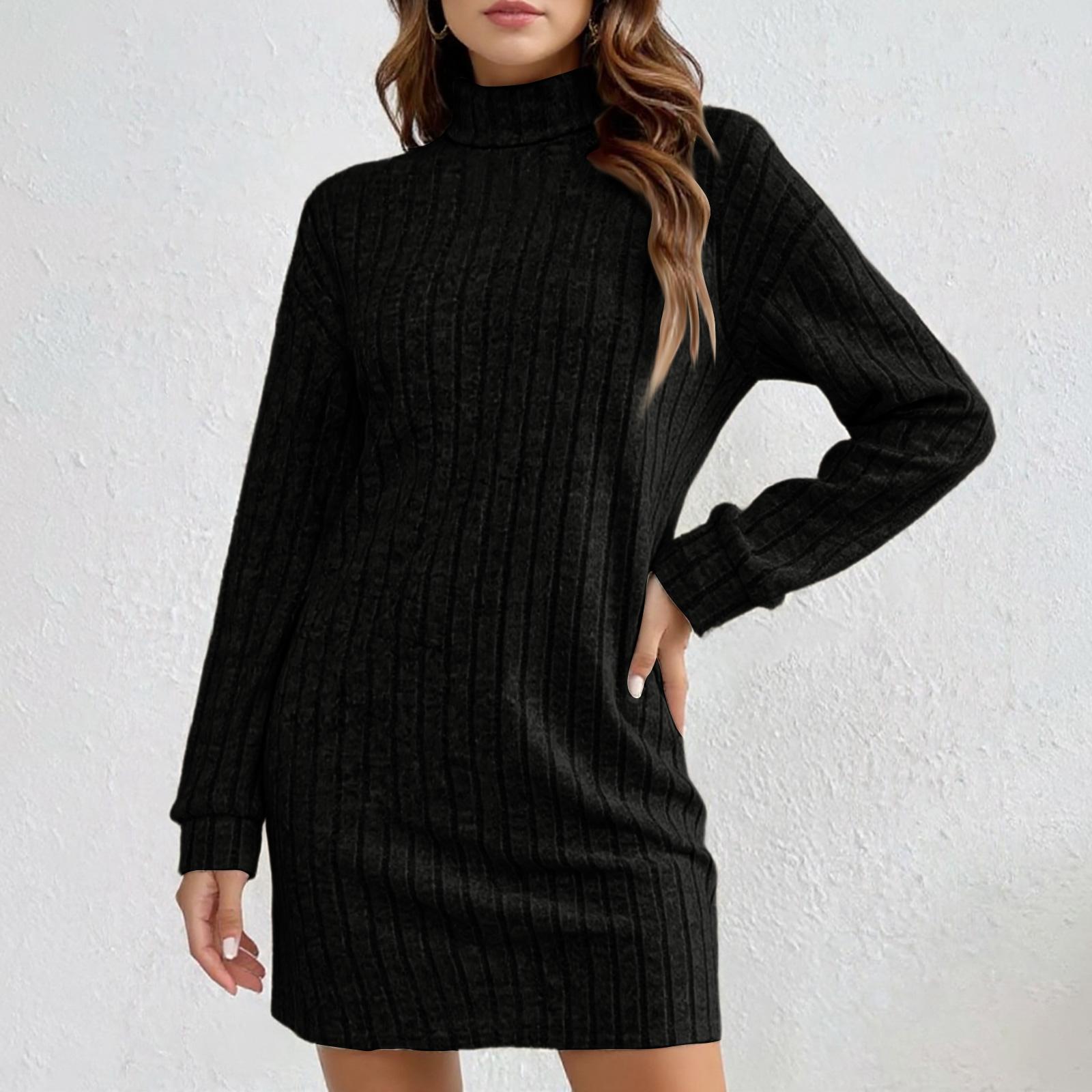 

Women s Fashion Brushed Striped Mid-Length Turtleneck Long-Sleeved Dress L чорний