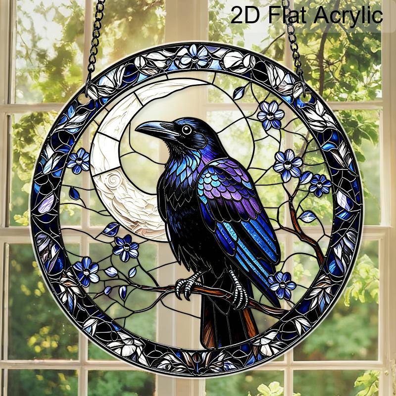 2D Flat Acrylic Halloween Crow Suncatcher Decorative Hanging Ornament, 7.87/11.81inches Black Window Hanging Pendant, Nature Bird Lovers Housewarming