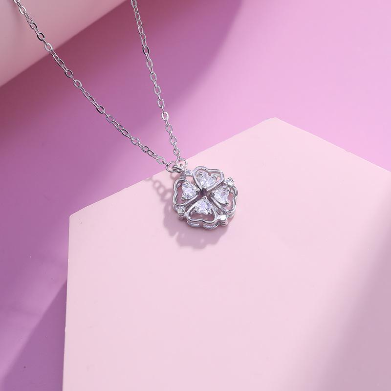 S999 Foot Silver Heartbeat Four-leaf Clover Necklace Women's Magnetic Clavicle Chain Light Luxury Niche Design Birthday Gift for Girlfriend