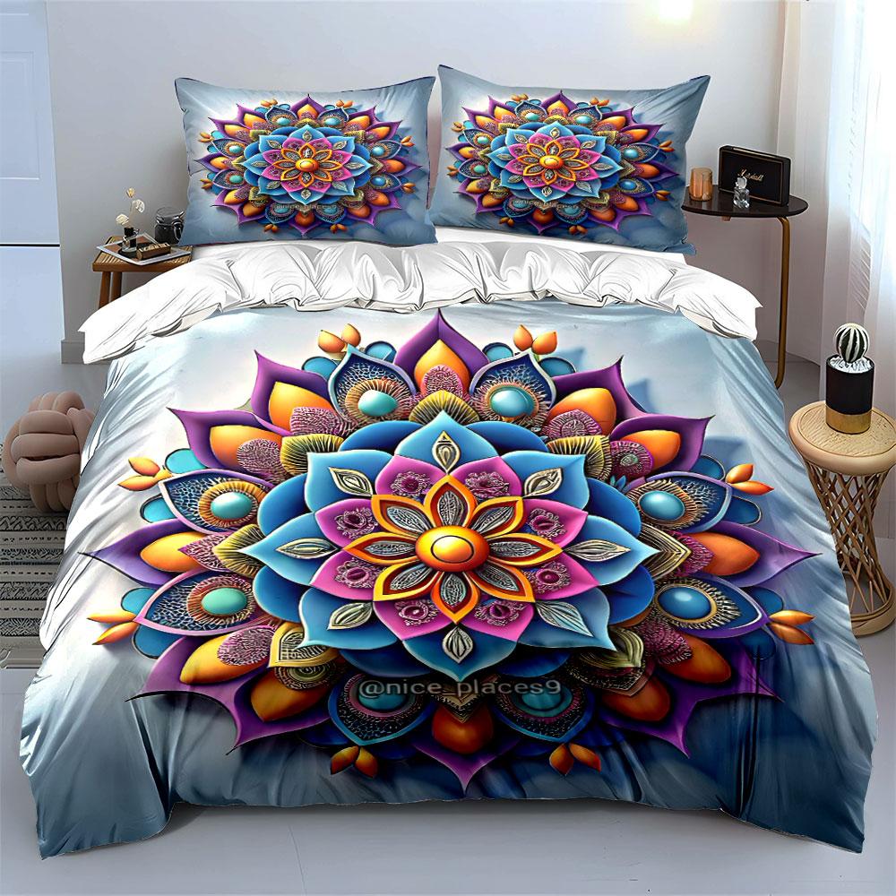 3Pcs Papercut Mandala Bedding Set, Vibrant 3D Layered Lotus Pattern Print Duvet Cover, Modern Art Style
