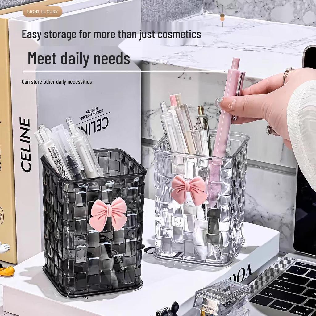 Luxurious Woven Pen & Cosmetic Organizer: Four-Grid Makeup Brush and Lipstick Holder