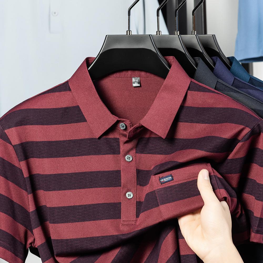 Echte Tasche Gestreiftes Kurzarm-T-Shirt Herren Locker Lässiges Poloshirt Vatertags-Top