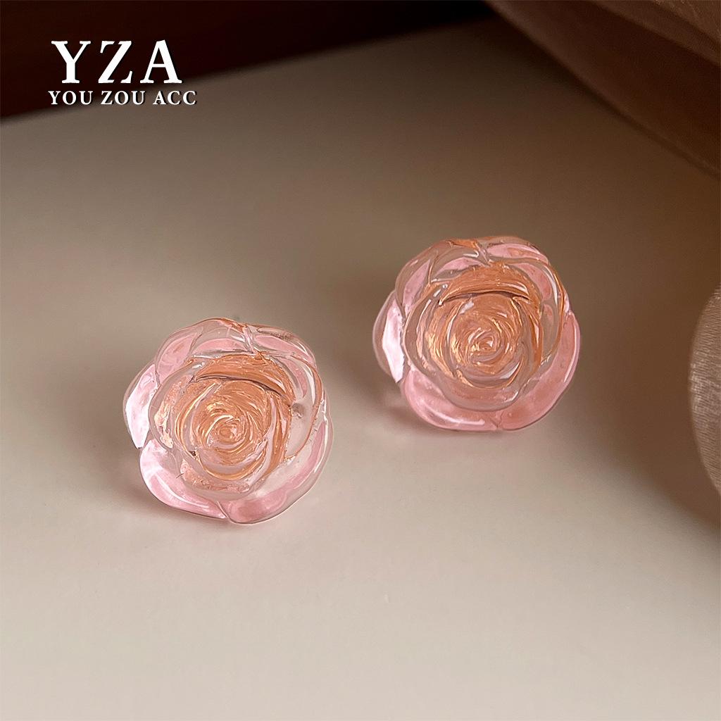 Transparent Pink Resin Rose Stud Earrings - Simple, Versatile, and Sweet Niche Accessories