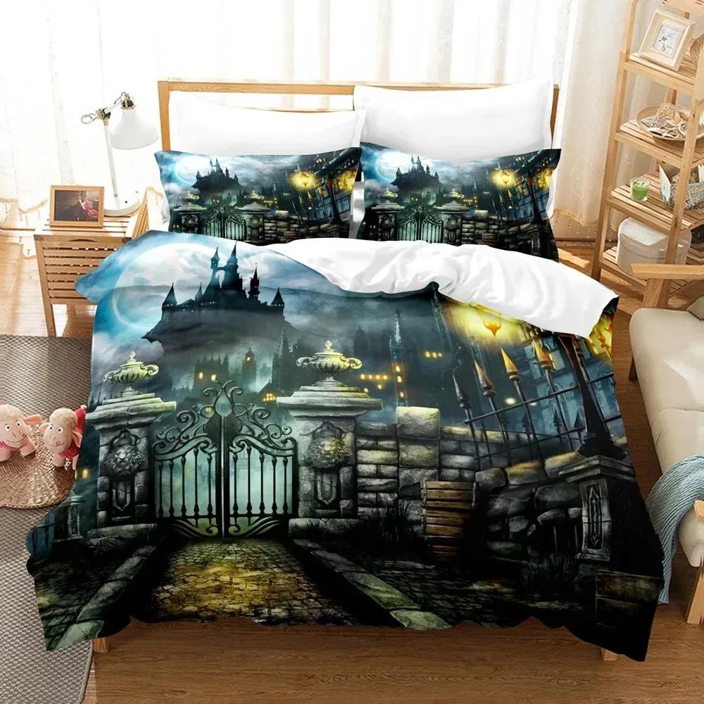 Comforter Halloween Bedding Set Kingqueen Size Cartoon Pumpkin Lantern Castle And Bat Dark Horror Night Polyester