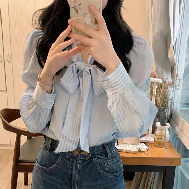 

Blue Striped Bow Knot Designer Shirt - Japanese Style Women’s Spring Fashion (2026) XXL