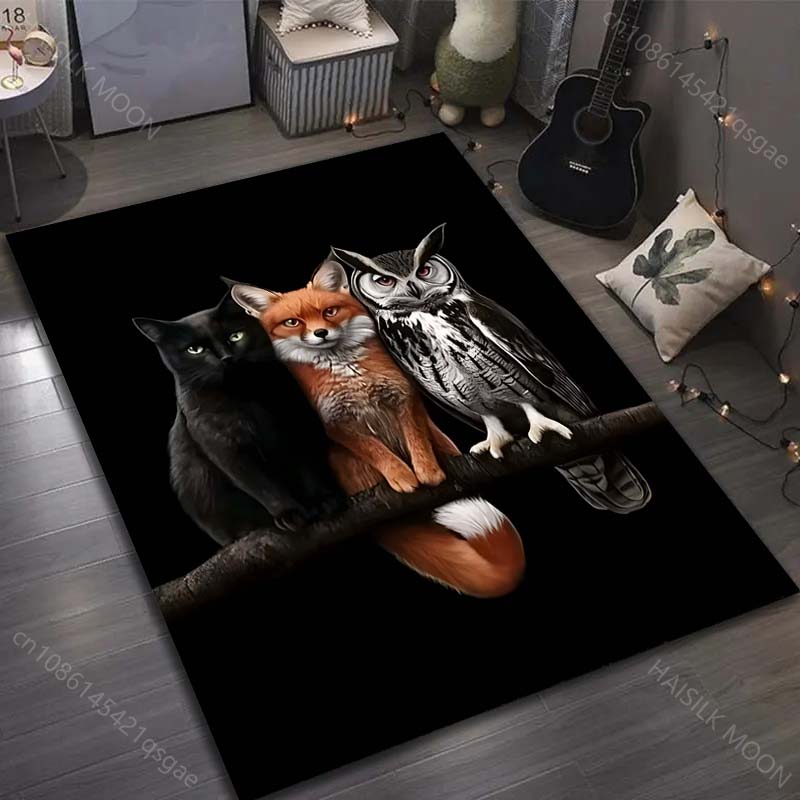 Black Cat Fox Owl Print Carpet for Bedroom Living Room Bedside Sofa Floor Mat Modern Home Decor Area Rug Large Size