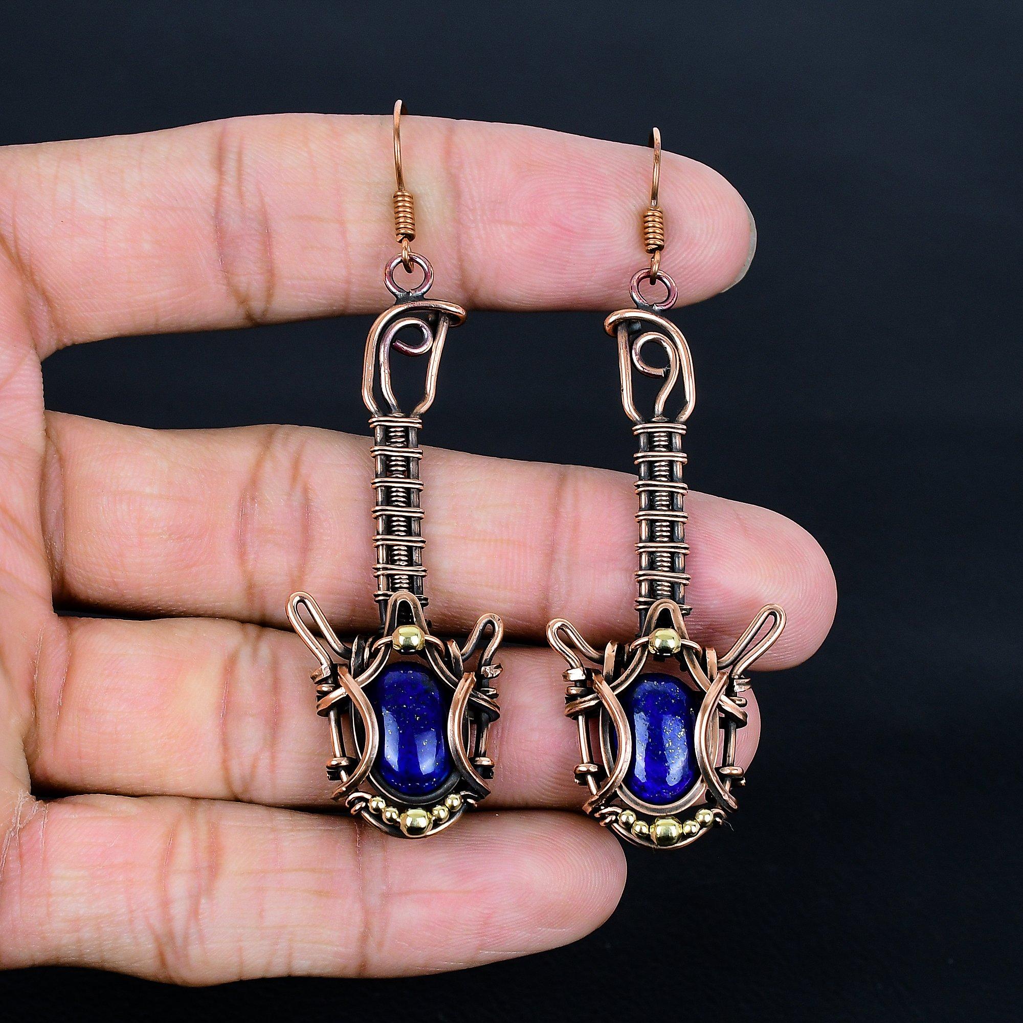 

Серьги из лазурита, обмотанные медной проволокой 999 пробы, Ювелирные изделия с драгоценными камнями ручной работы, Подарки для жены, Абсолютно новые серьги 2.55 Inches