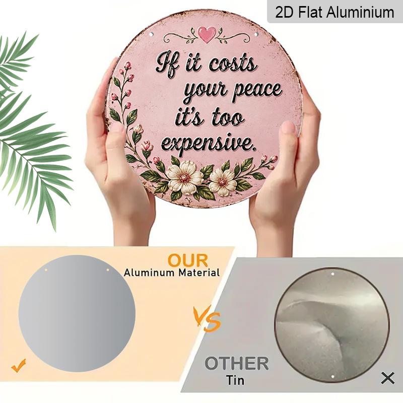 2D Flat, 1pc Round Aluminum Hanging Sign - Inspirational Floral Decor, Decorative Signs, "If It Costs Your Peace It'S Too Expensive" Pink Flower