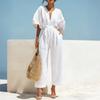 Women’s V Neck Short Sleeve Jumpsuit with Adjustable Waist Tie Loose Fit Wide Leg Romper Casual Wear