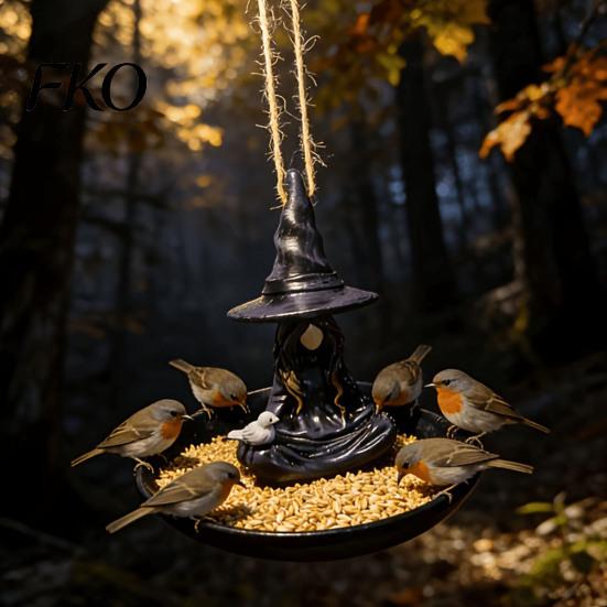 Wide Rim Bird Feeder Meditating Witch Feeder, Outdoor Hanging Deep Food Tray Waterproof Resin for Garden Decoration Spill-proof