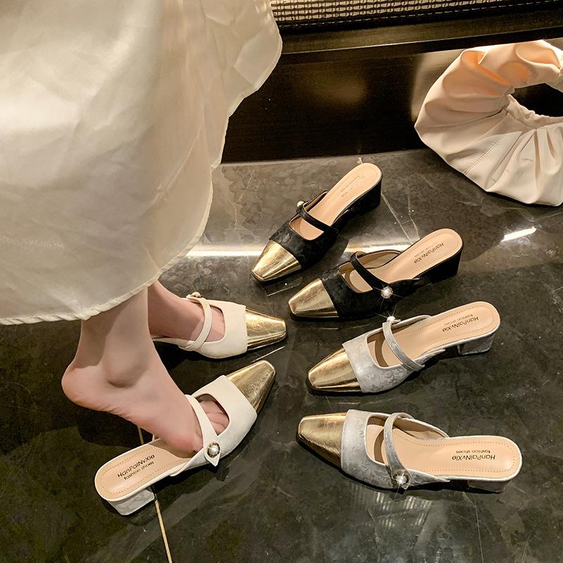 Spitze Zehenpartie Taschenkopf Französische Halbschuhe draußen Damenschuhe Frühling flach lässig Mary Jane Pedale Sandalen Tide