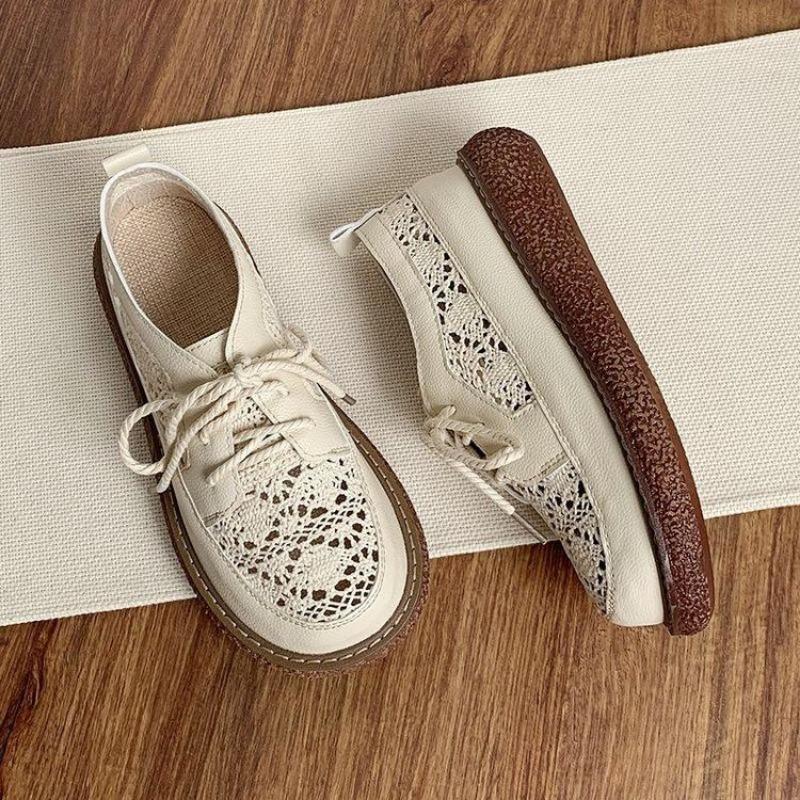 Fashion Mesh Breathable Leather Flat Women's Shoes Lace Up Cute Kawaii Female Footwear Cheap Korean on Offer Casual Daily Routine Cotton
