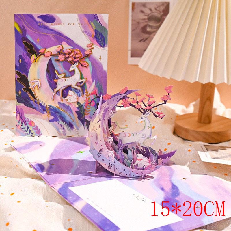 Pop up Moonlight Deer Habitat Card Creative Birthday Wishes Christmas Moon and Stars Gratitude Beautiful Gifts  thank you cards
