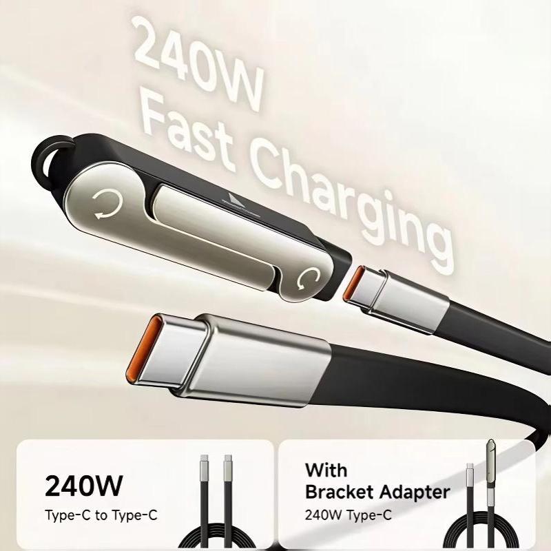 240W 2-i-1 Sort/Orange Hurtigopladning Foldbar Støttefod Datakabel Type-C Til Type-C Datakabel Med Telefon Tablet Stand Adapter