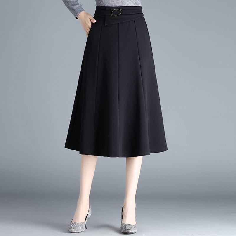 Women's Black High-Waisted A-Line Midi Skirt with Belt Solid Color Flared Office Casual Knee-Length Skirt